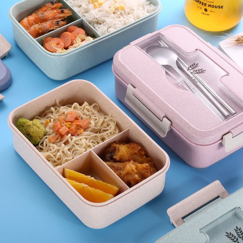 Microwaveable Wheat Straw Bento Lunch Box + Spoon + chopsticks | Shopee ...