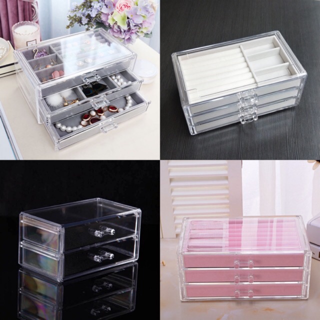 Jewelry Storage Box Transparent 3 Drawers Velvet Jewellery Boxes