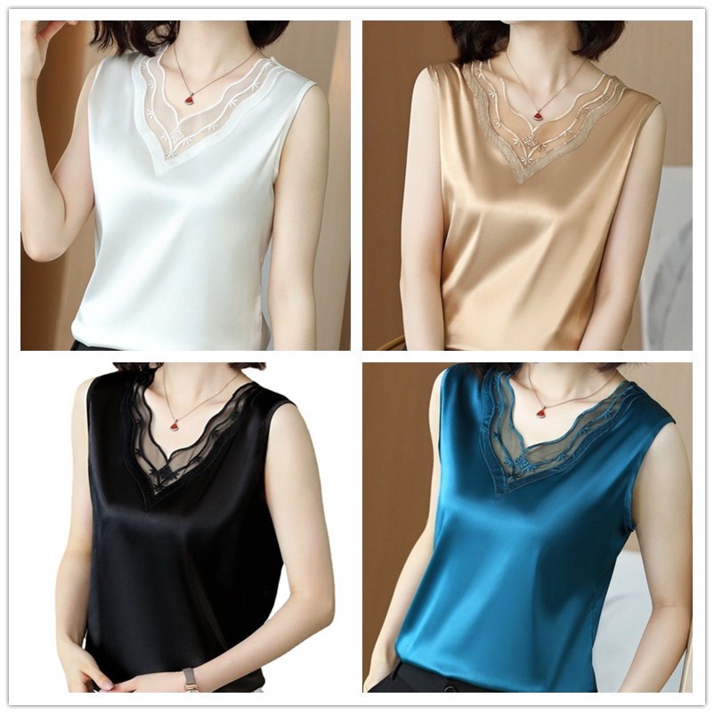 COD Women Elegant Lace V Neck Sleeveless Ice Silk Sando Top Soft Tank Top Casual Office Inner Outer