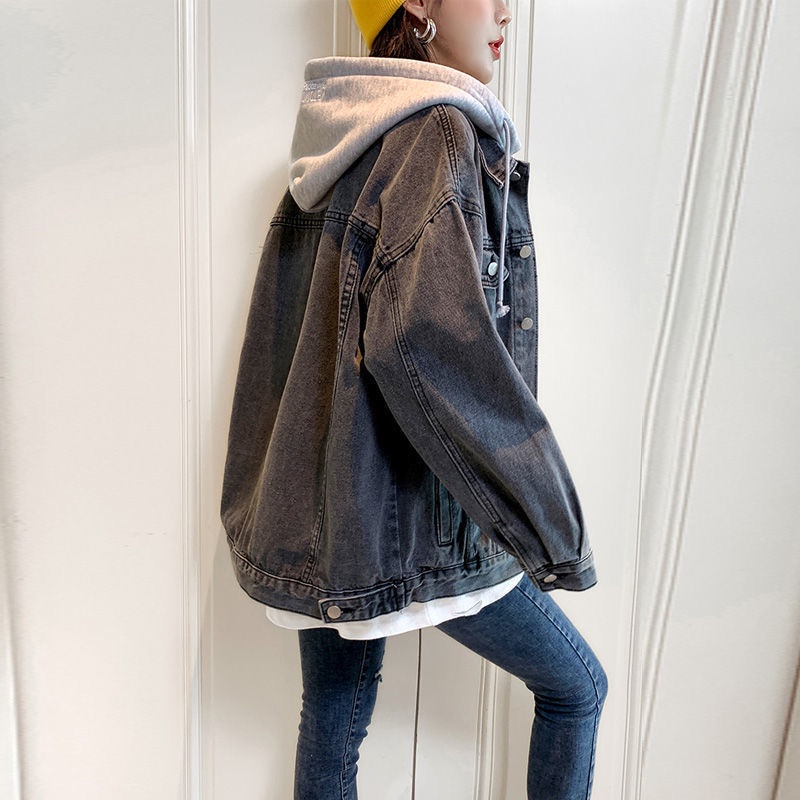 Image of Korean Version Women's Retro Loose Denim Long-Sleeved Hooded Jacket 2022 Student Spring Autumn New Style Casual All-Match Top #2