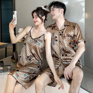 2022 Korean Couple Pajamas Summer Women Sleeveless Nightdress Sexy Sling Dress Plus Size Men Pyjamas Short Sleeve Blouse + Shorts Pajama Set Silk Sleepwear Nightwear Homewear