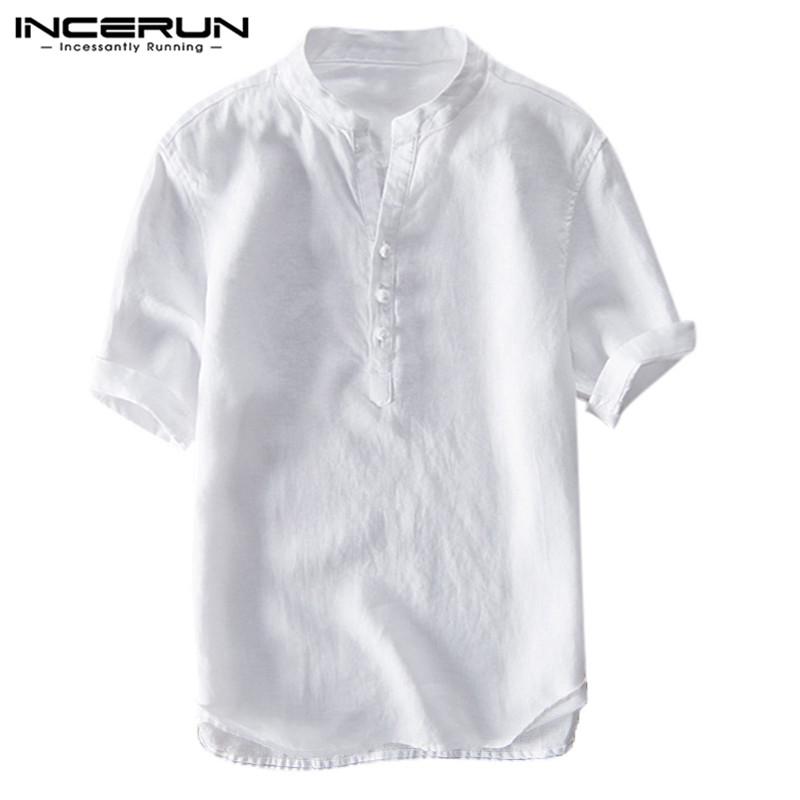 Image of INCERUN Men Loose Fit Cotton Linen Plain V Neck Short Sleeve Shirt