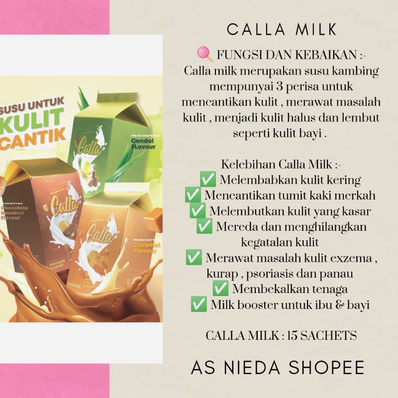 Shop Malaysia Calla Milk Caramel Chocolate Hazelnut Cendol By Calla Beauty Shopee Singapore