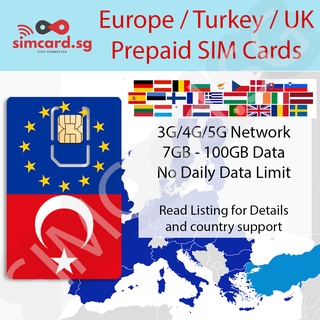 Europe, United Kingdom (U.K.) and Turkey Prepaid SIM Card with Calls, SMS and 5G/4G LTE Data by SIMCARD.SG