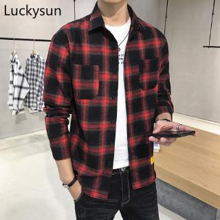 [Ready Stock] Long Sleeve Checkered Shirt for Men Korean Casual Black ...