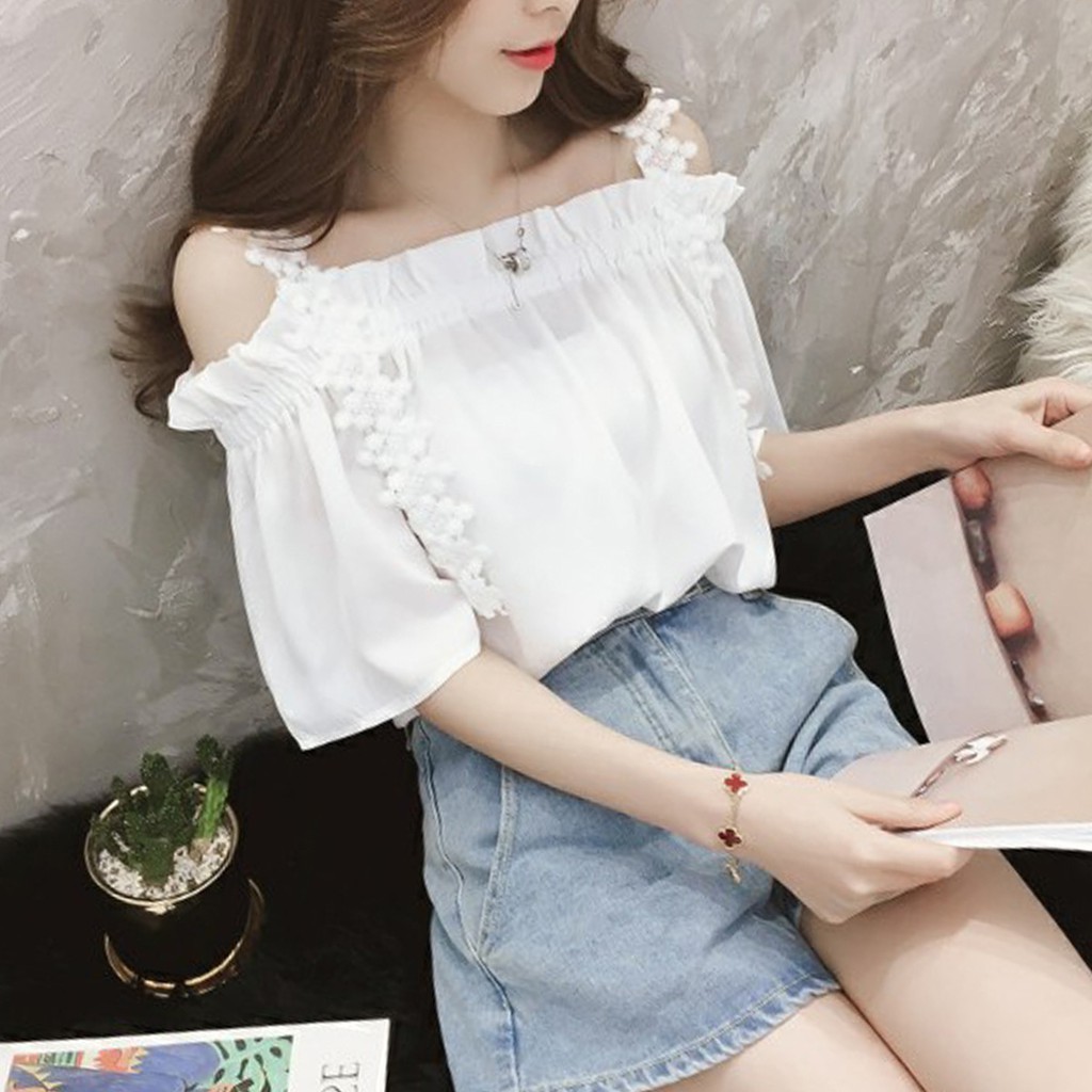 white chiffon off the shoulder top