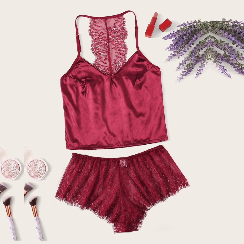 floral lace cami top with satin shorts
