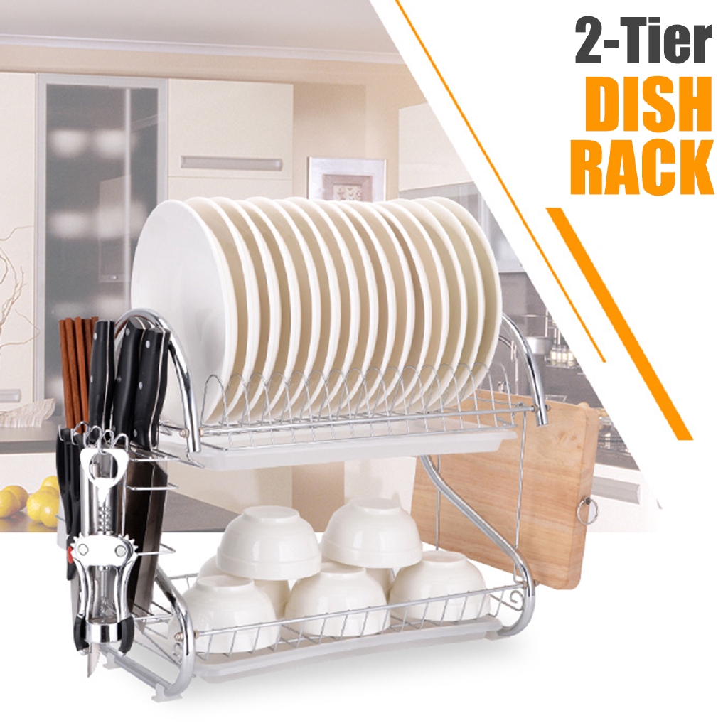 Tier Dish Drainer Rack Storage Drip Tray Over Sink Drying Draining Plate Bowl 