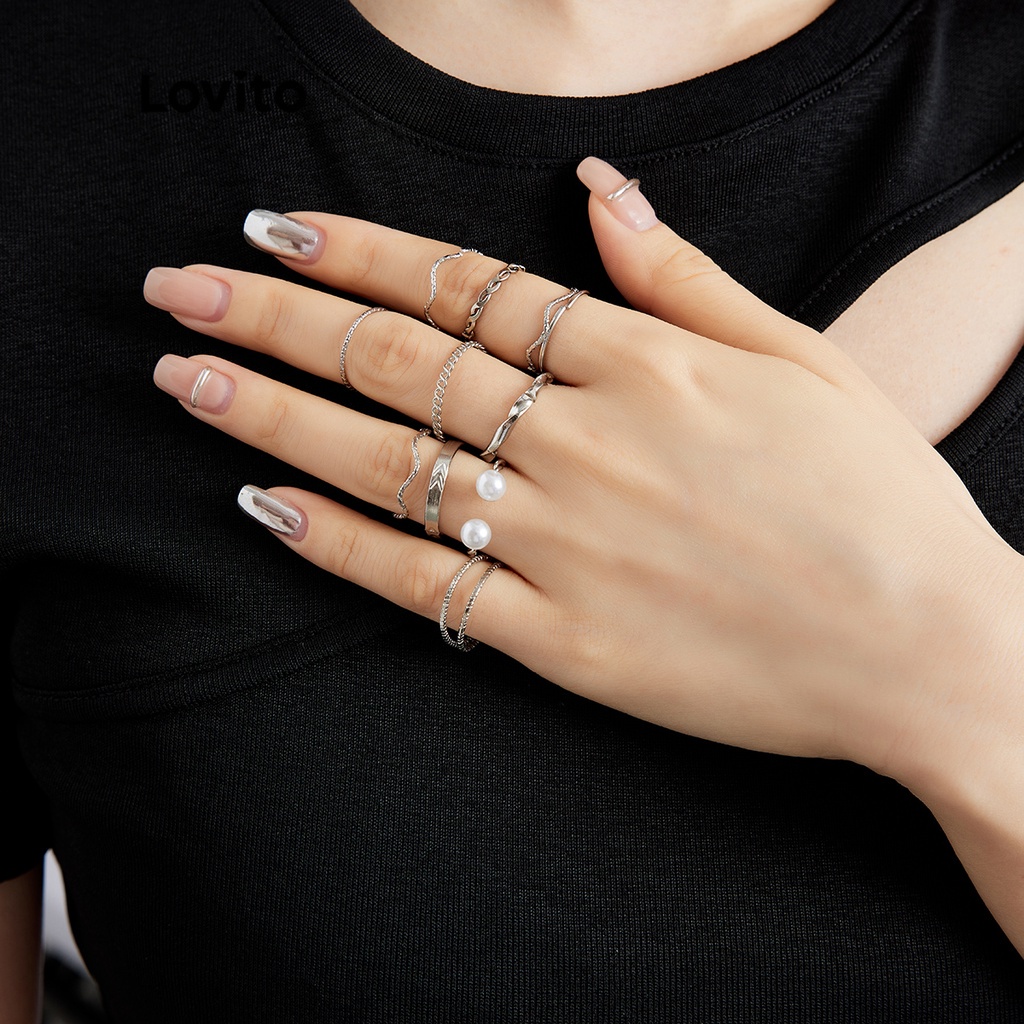 Lovito 10 Pieces Casual Faux Pearls Glitter Rings L26LD129 (Gold/Silver ...