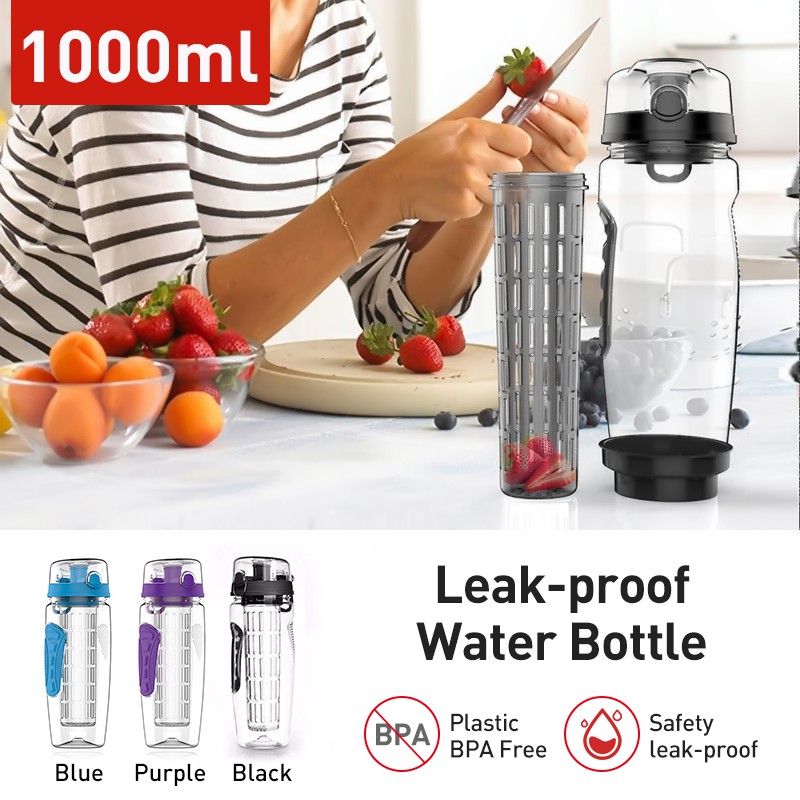 OMORC Fruit Infuser Water Bottle with Detachable Ice Gel Ball 1L BPA-free Tritan Sport Bottle,Removable Infusion Rod,Leakproof Flip Top Lid,Fruit Recipes for Sports,Outdoor,Home