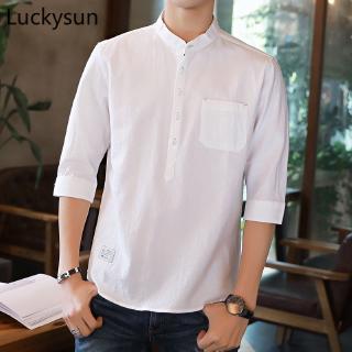 Image of [Ready Stock] White Shirt Men Summer 100%Cotton Short Sleeve Slim Shirts Plain Work Clothing Kurta
