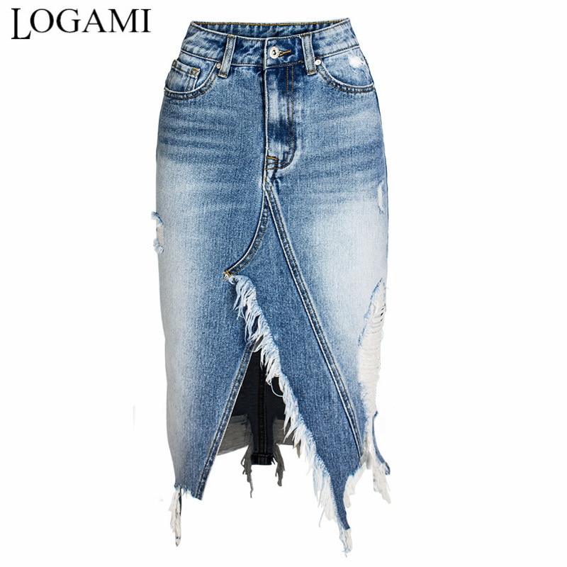 Logami Ripped Denim Skirts Womens Asymmetrical Pencil Jean Skirt Ladies High Split Midi Skirt