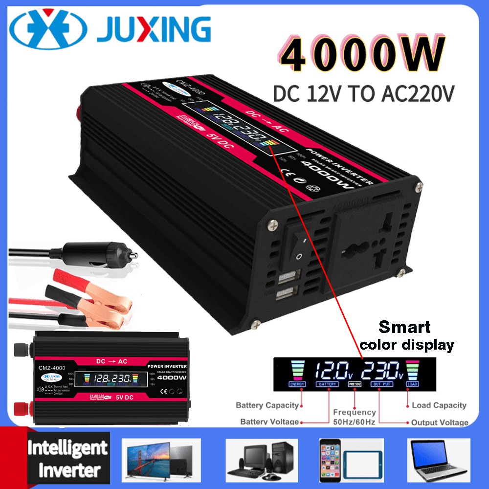 JUXING 4000W Peak Solar Car Power Inverter DC 12V to AC 220V Car Adapter Car Converter with 2 4A 2 Port USB Car Adapter with LCD Intelligent Display and AC Outlets Car Converter i