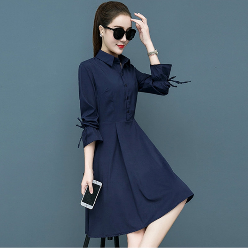 Dark Blue Long Sleeve Dress Plain Women's Oversized Shirt Dress Navy ...