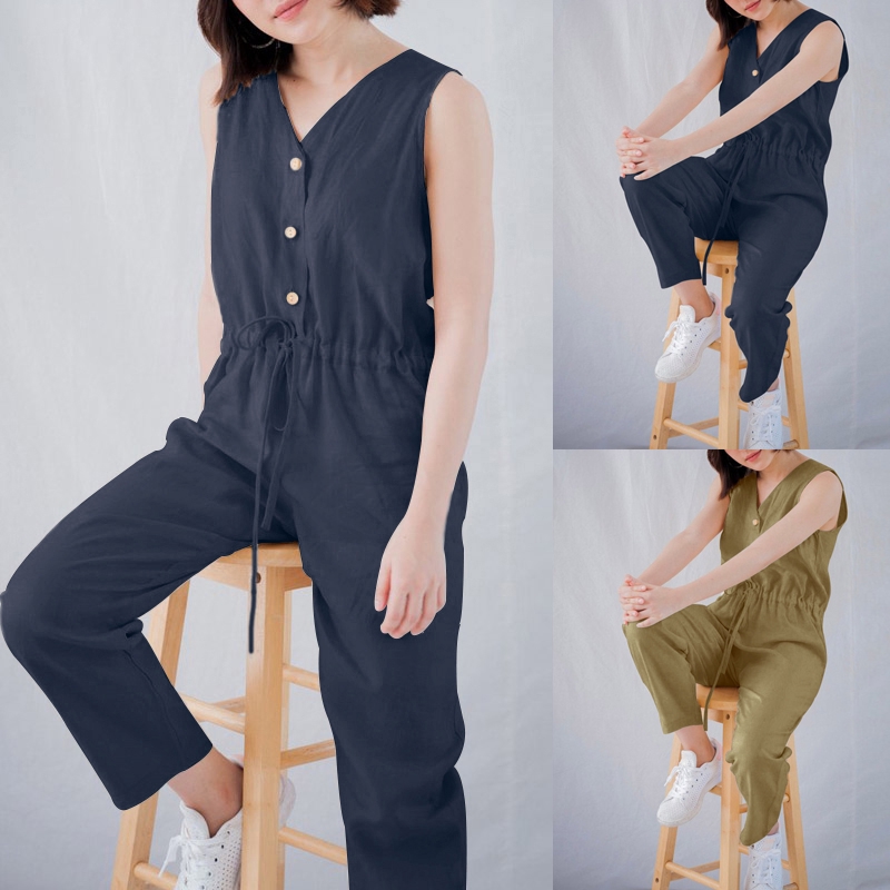 pockets solid sleeveless holiday jumpsuits