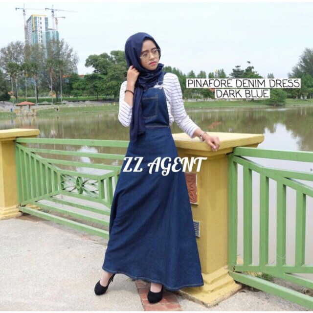 denim long pinafore dress