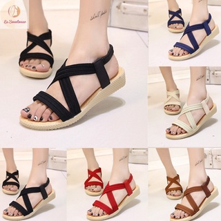 Image of Summer Women Flat Wedge Ankle Elastic Cross Strap Roman Sandals Shoes 3 Colors