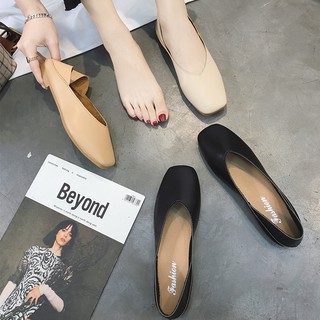 Image of 2019 spring new Korean version of soft leather shallow mouth single shoes wild square head women's shoes two wear a peda