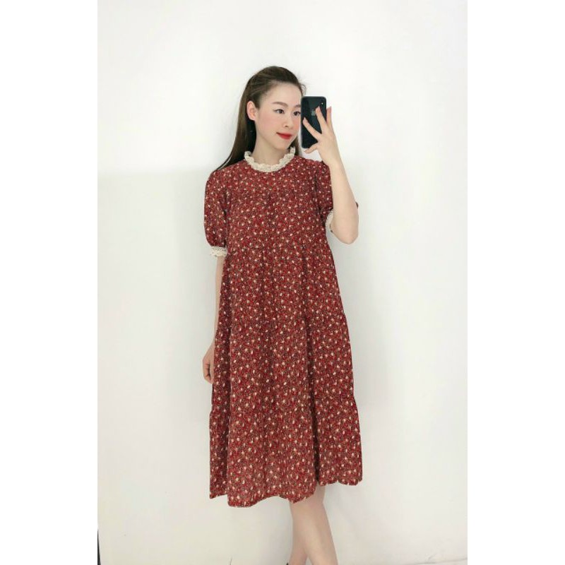đầm hoa nhí vintage dáng dài viền ren cộc tay váy tiểu thư dáng dài ulzzang váy bầu đẹp mặc xinh