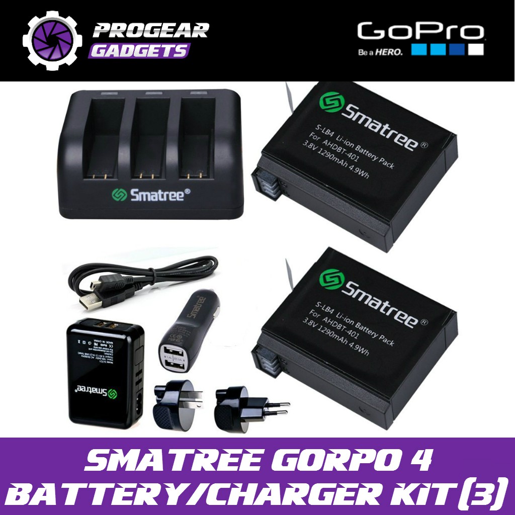 Gopro Hero 4 Smatree Battery 2 Pack 3 Channel Charger Car