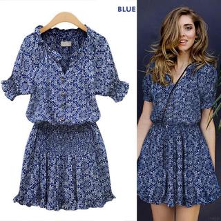 Image of Women Floral Blue Short-Sleeve Printed Cotton Casual V-Neck Dress
