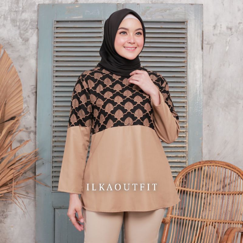 ILKABATIK Moza Blouse Motif Kerang Batik Cantik Wanita Kombinasi Modern Seragam Kantor Kondangan