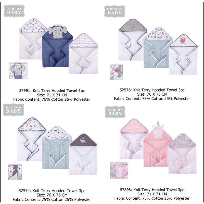 Hudson Baby 3pcs Hooded Baby Towel Gift Set 71cm x 71cm Shopee Singapore