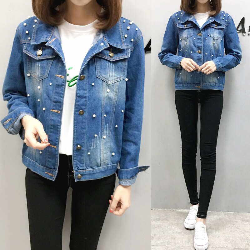 plus size denim jacket with pearls