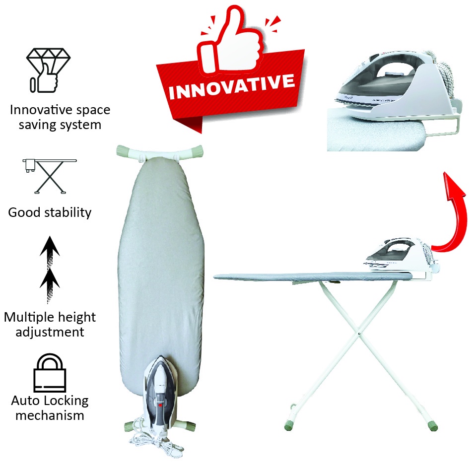 JVD Prestige Ironing board with attached organiser and steam iron