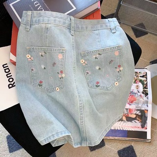 Embroidery Flower Women Girl Korean High Waist A Line Skirt Denim Skirt Summer Ready Stock New
