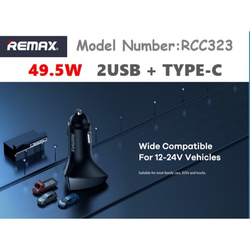 Remax RCC323 Car Charger Intelligent Quick Charger 2 USB Type C Car Cigarette Smart Charger Lighter 24V 49.5W QC+PD