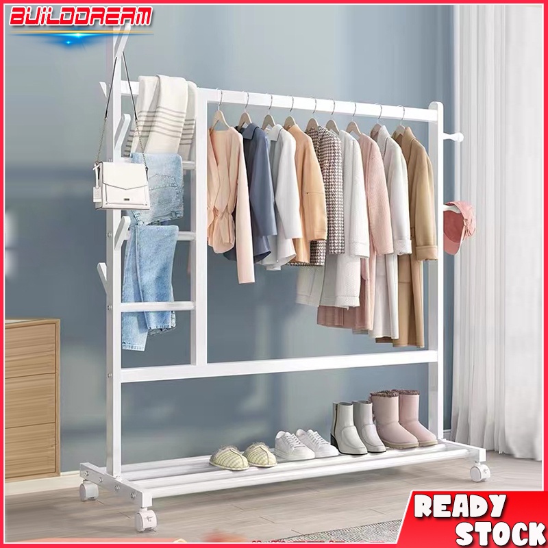 White Metal Clothes Rack Drying Rack Laundry Rack with Wheels Bedroom
