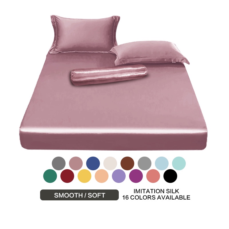 SunnySunny 4 in 1 Fitted Bedsheet Set Cooling Soft Plain Satin Silk Bed