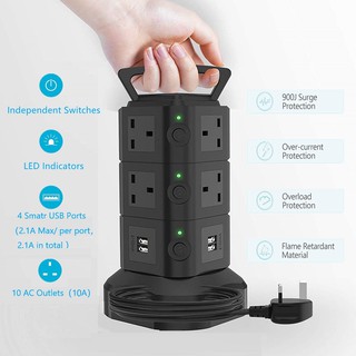 Power Extension Vertical/Tower Socket Surge Protector 10 Outlet Plug with 4 USB Ports 2M Cord Extension Plug Power Socket（Black）