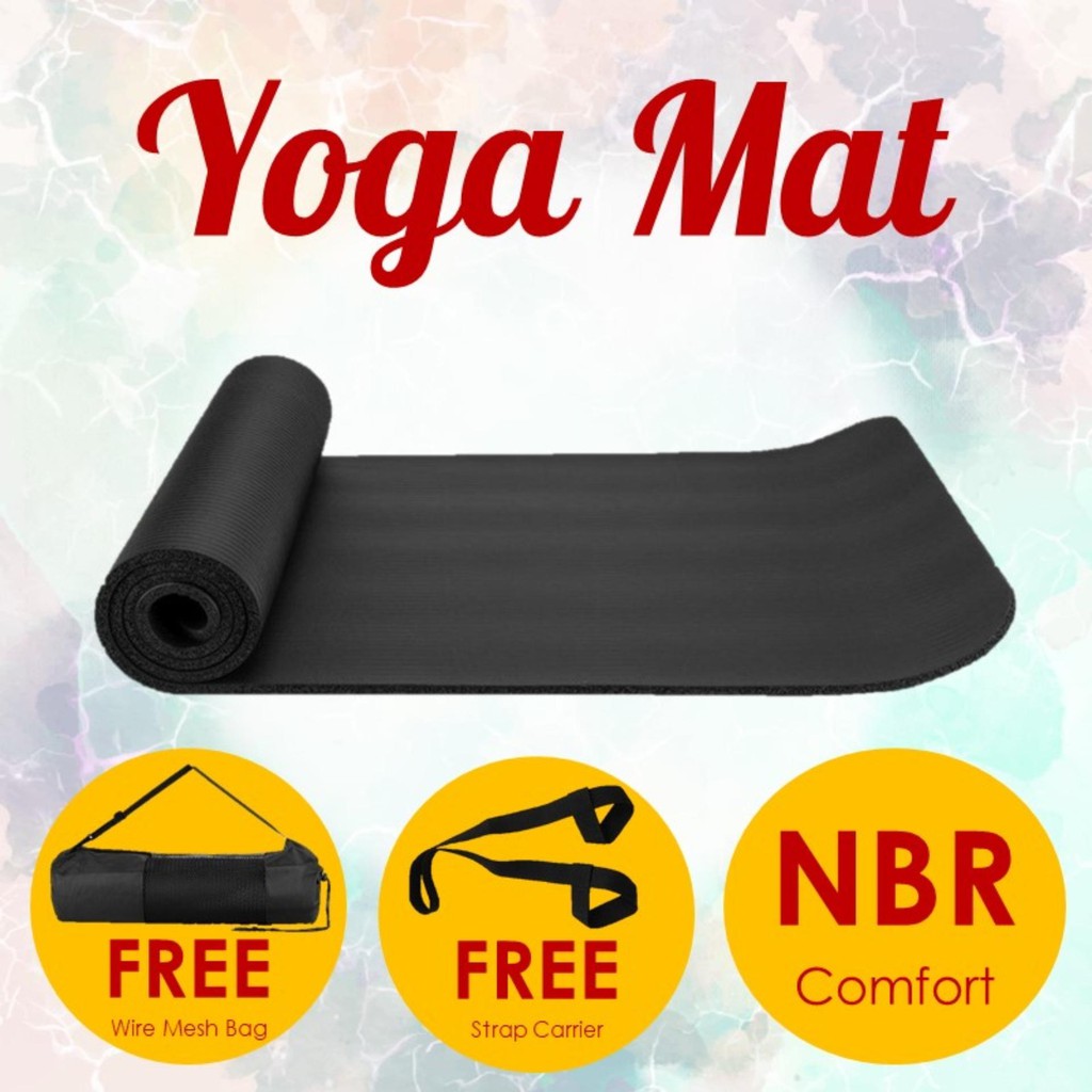 Yoga Mat with Free Elastic Strap and Mesh Yoga Carrier Bag NBR Exercise ...