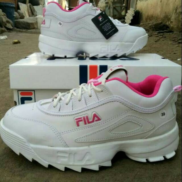 pink and white fila shoes