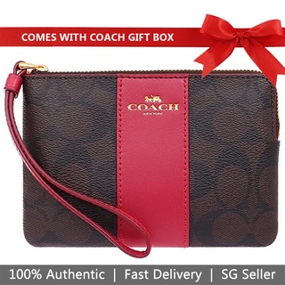 Image of Coach Wristlet In Gift Box Small Wristlet Small Corner Zip Wristlet In Signature Coated C Brown / 1941 Red # 58035