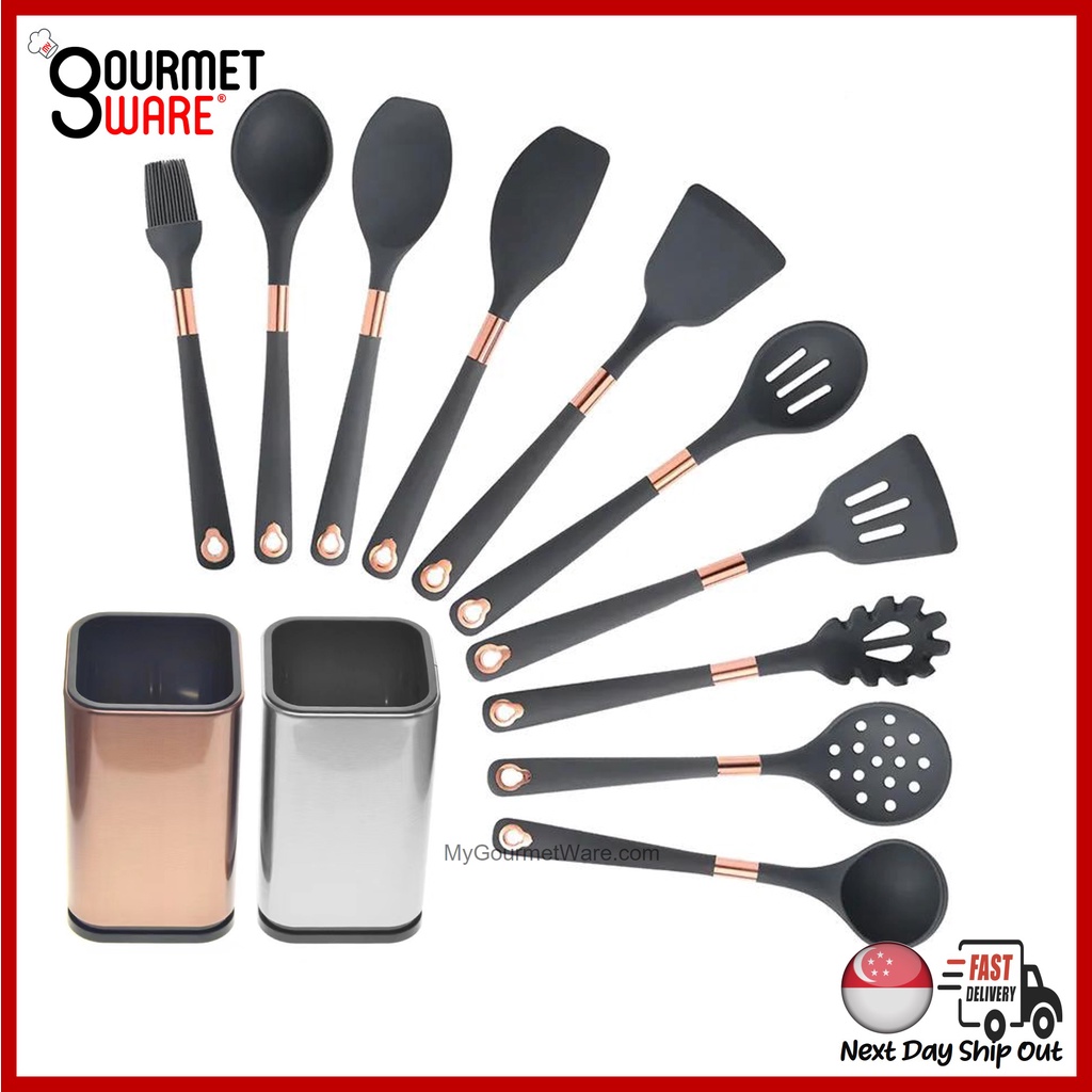 [SG Stock] Rose Gold rim Silicon Kitchen Utensil Set NonStick Heat