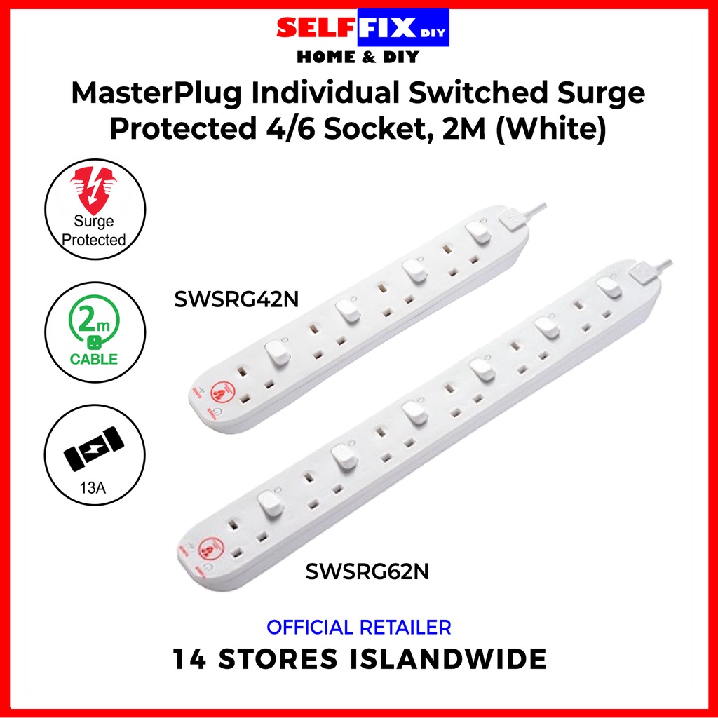 Masterplug Individually Switched Surge Protected Extension Leads, 4/6