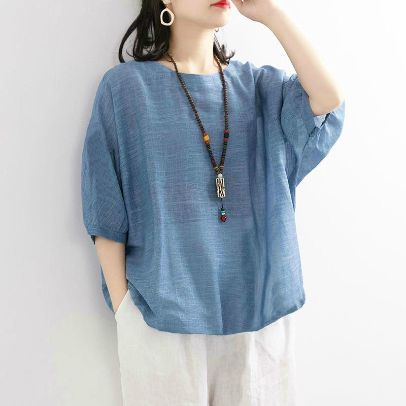 Womens Cotton Linen Blouse Casual Loose Vintage Button Short Sleeve Plus Size T Shirt Embroidered Tunic Tops 