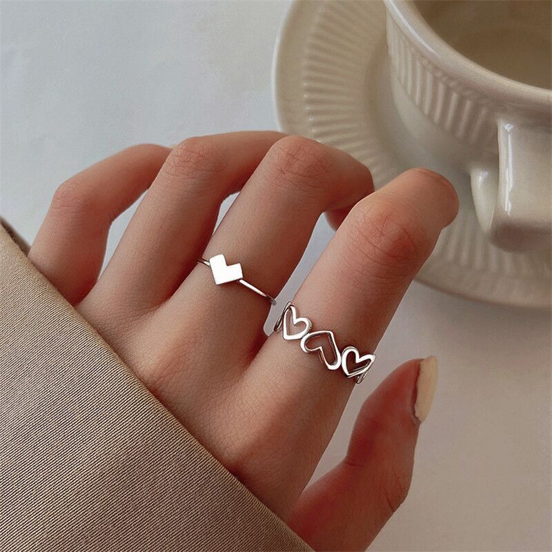Image of Korean Ring Set Simple Cute Silver  Heart AdjustableRing for Women Accessories Jewelry #1