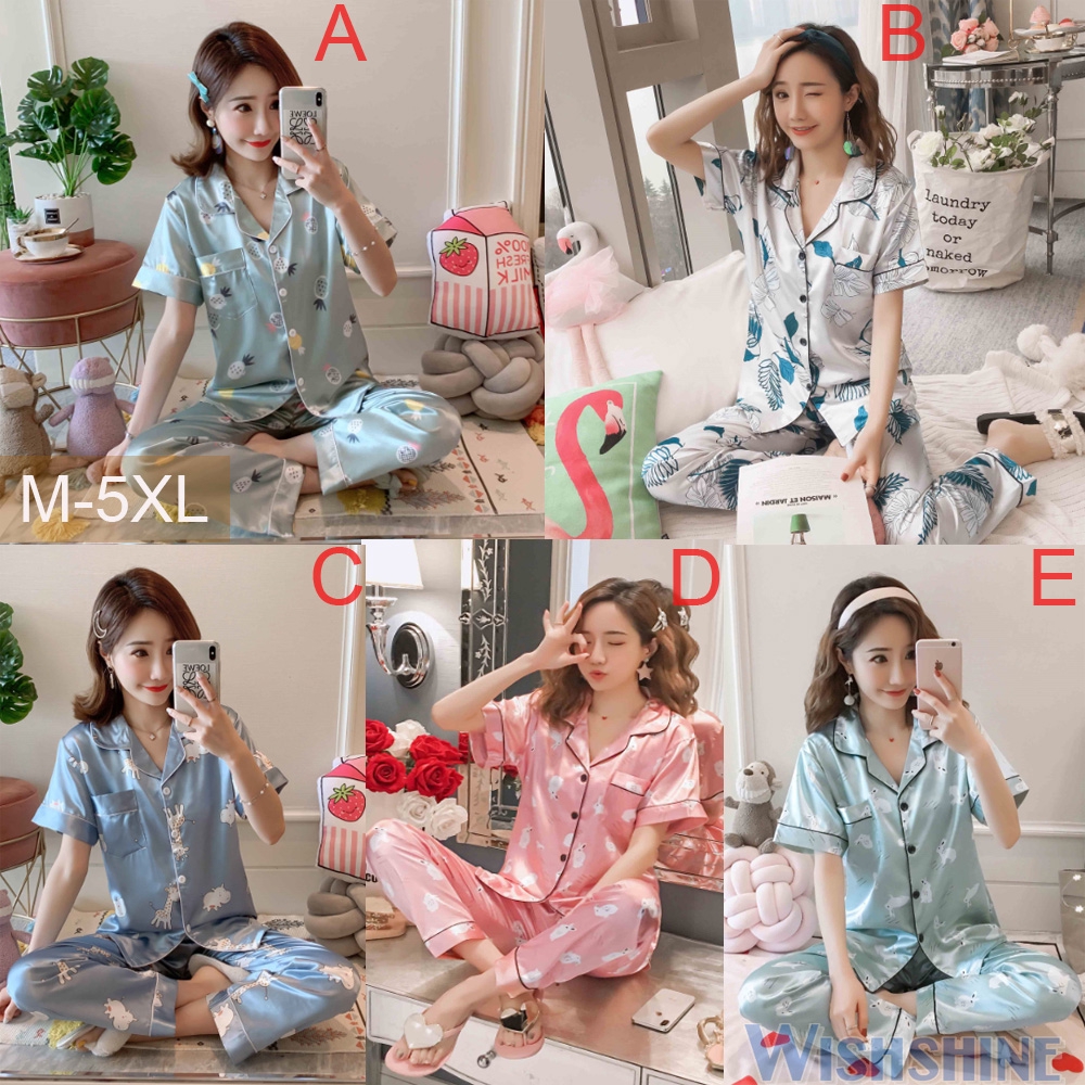 Women Plus  Size  M 5XL Baju  Tidur  Silk Satin Pajamas Female 