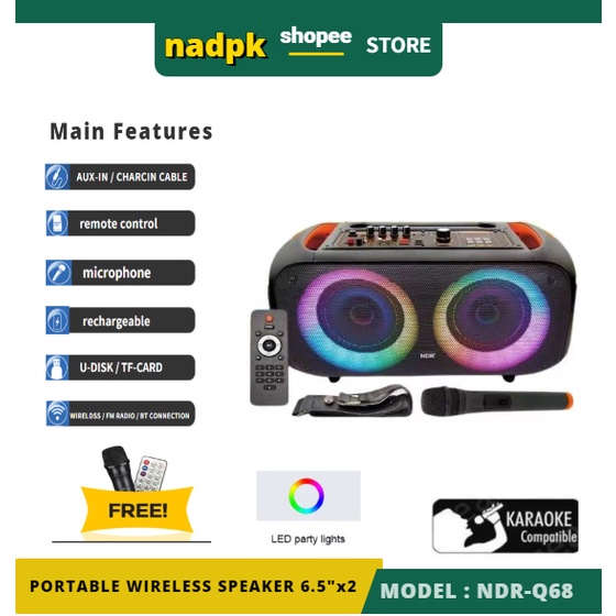 NDR-Q68 Professional Battery System Portable 6.5X2 inches Bluetooth Speaker with wireless mic