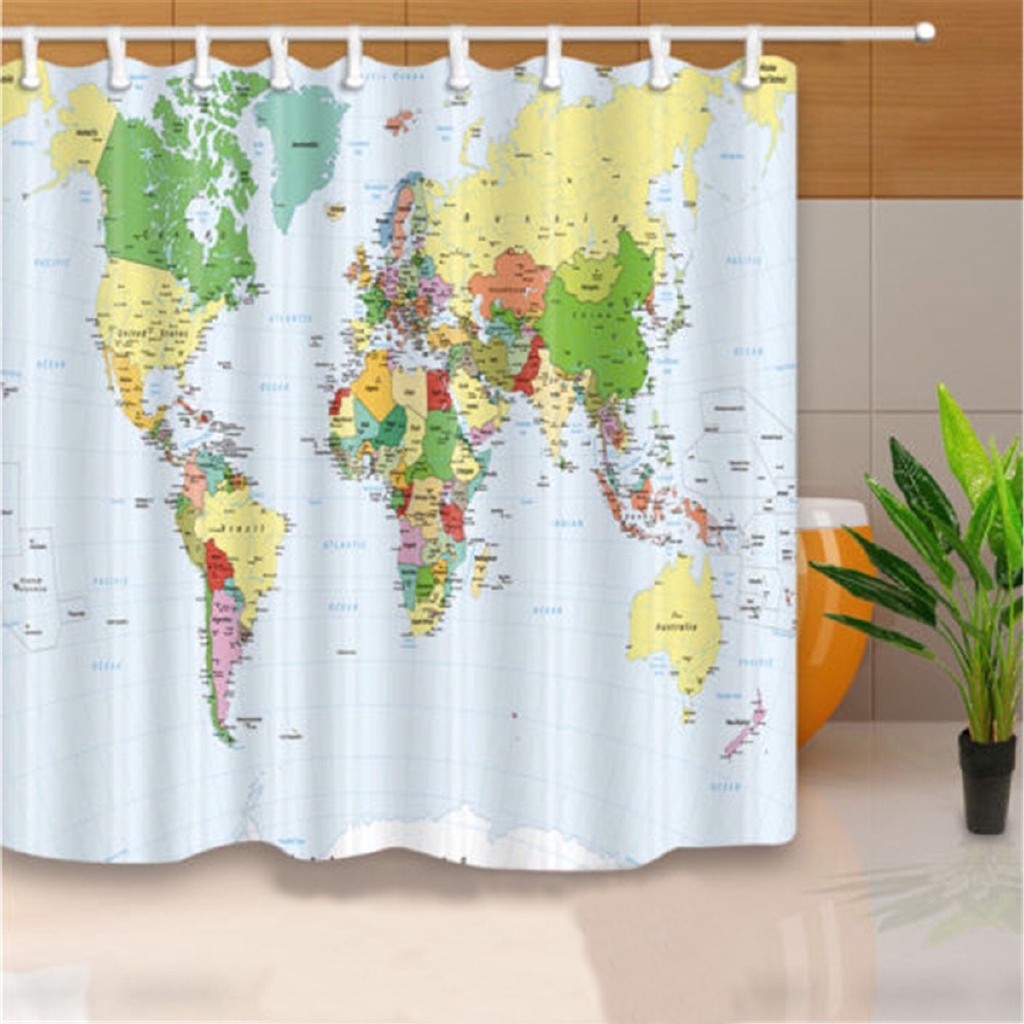 Polyester World Map Bathroom Bath Waterproof Fabric Shower Curtain