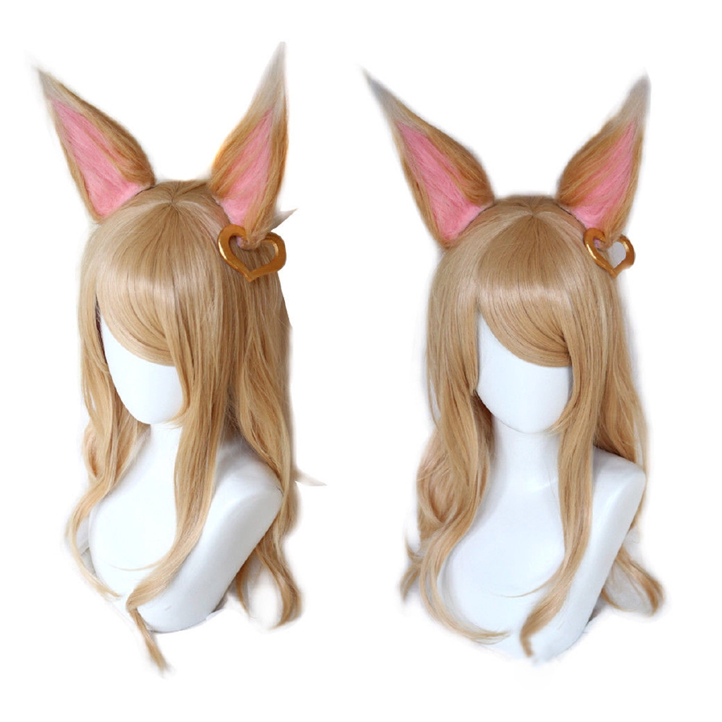 Lol Kda Ahri Cosplay Wig Long Straight Blonde Gold Hair Ears Women