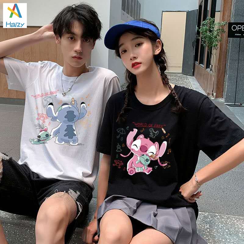 Stitch cute couple cartoon T shirt cotton loose cartoon couple outfit |  Shopee Singapore