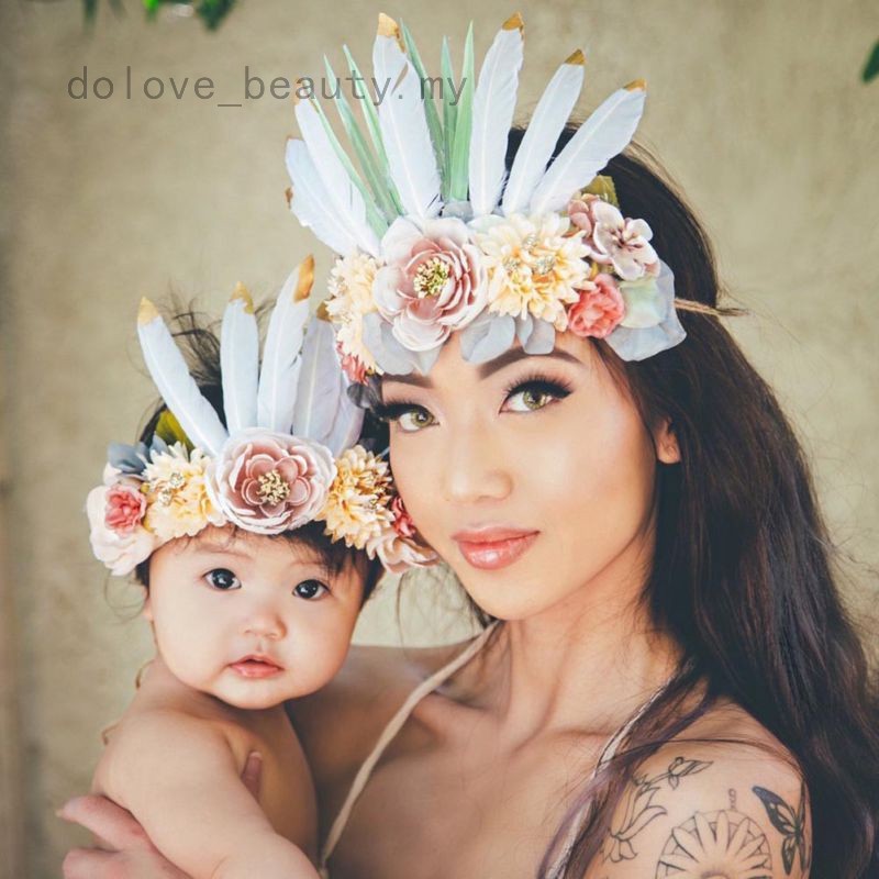 2pcs Set Women Kids Baby Girls Indian Feather Flower Hair Band