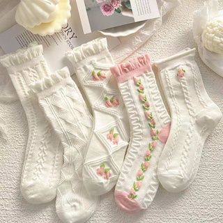 White socks women's middle tube ins trendy Japanese powder mist color girl socks spring and summer thin section high-value lace JK socks