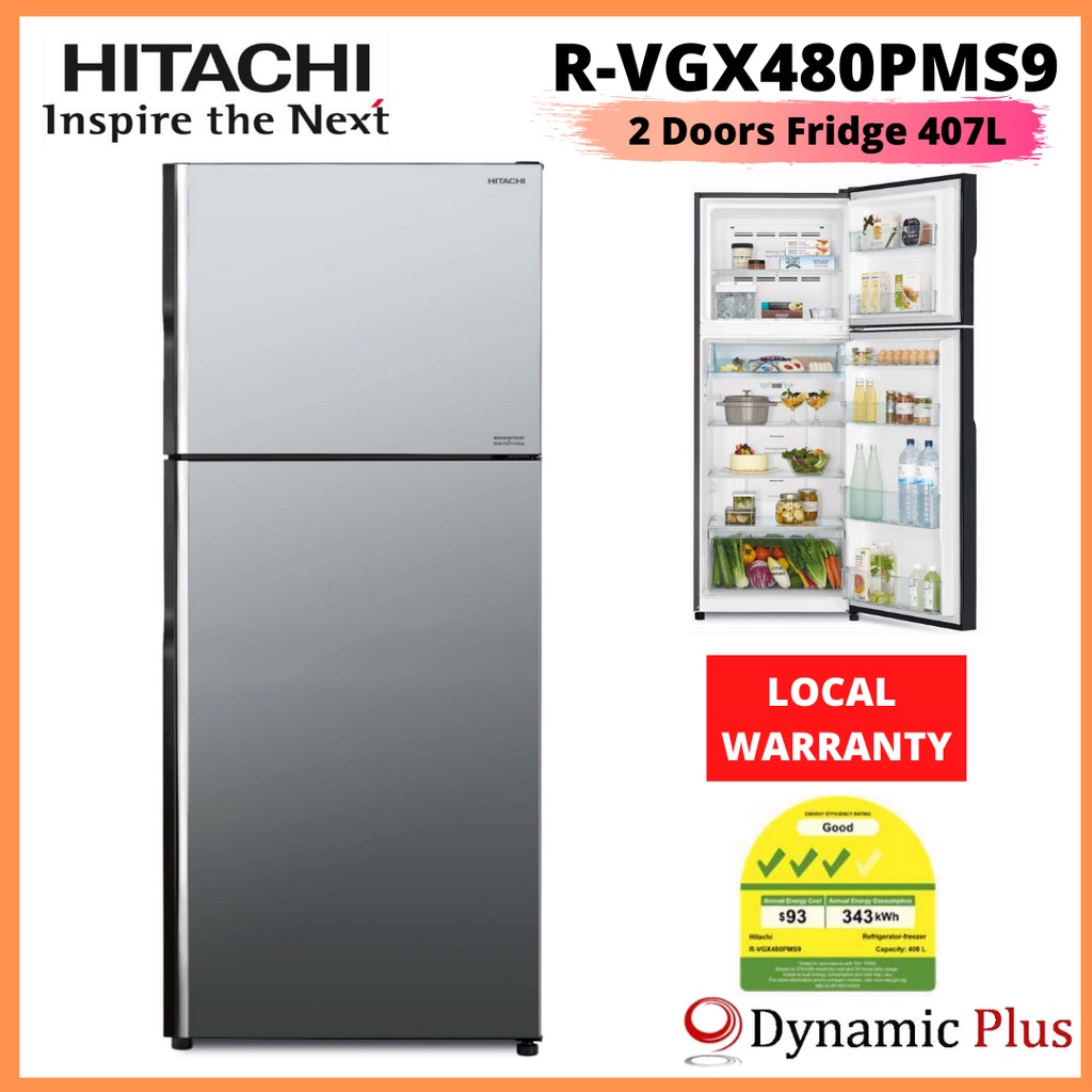 Hitachi R Vgx480pms9 Stylish 2 Doors Glass Fridge 407l Free Vacuum Container Gift Set Shopee Singapore