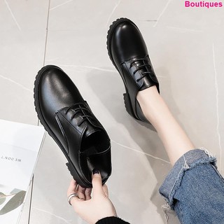 Image of Black lace-up small leather shoes female British style thick heels 2020 new spri